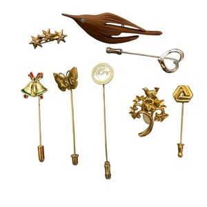 Lot of 8 Vintage Estate hat, stick pins, brooches. Gold, Silver toned and Teak